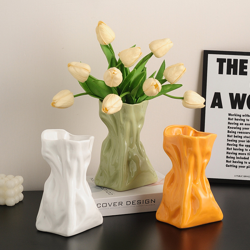 Ceramic Vase, Pleated Cloth Bag, Money Bag, Hydroponic Device, Living Room Ins Home Decoration Craft Ornament, Modern Minimalist Style