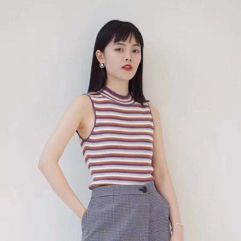 [Special Offer] Ic Sleeveless Knitwear Stripesd Soft and Waxy Simple Sleeveless Pullover Vest B Match