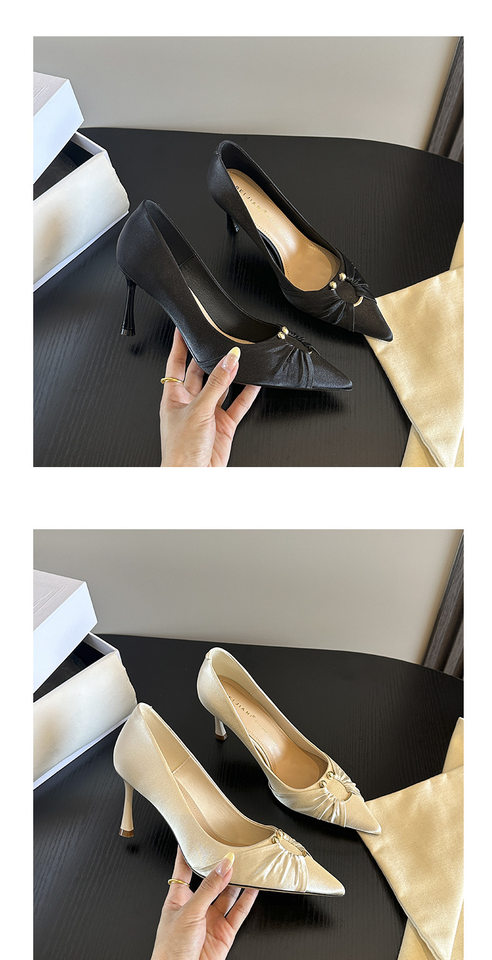 Giày cao gót nữ mũi nhọn chất liệu lụa satin nhún, gót 6–8 cm, cổ thấp — Màu be, Màu nâu, màu đen chi tiết 5