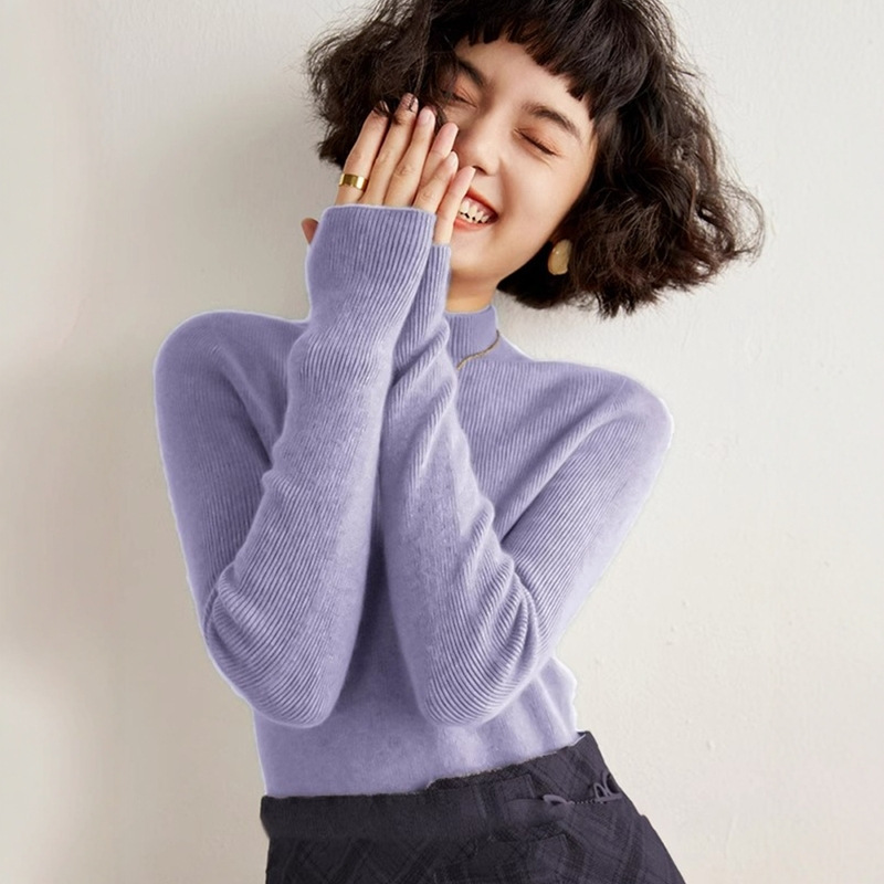 Purple Right Shoulder Half Turtleneck Knitted Bottoming Shirt for Women in Autumn and Winter, High-End Slimming Look Inner Sweater European Top