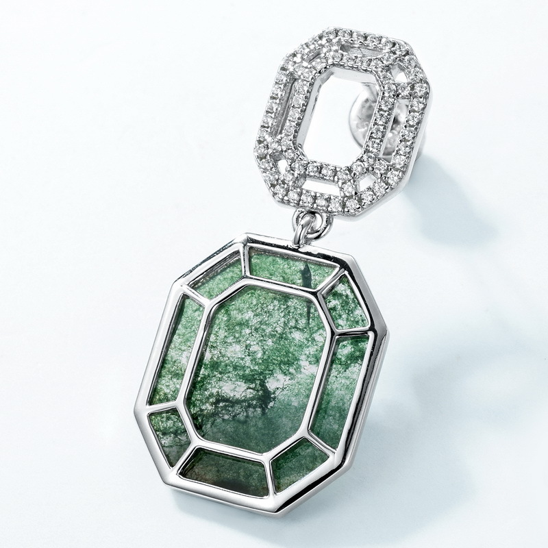 Pendientes de piedra de musgo verde natural de lujo ligero atmosférico transfronterizo S925 Pendientes de ágata con incrustaciones de plata Europa y América al por mayor