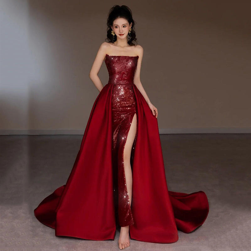 Womens Gown One Shoulder Strapless Wine Red Sequin Dress Evening Slit Long Dress | eBay Womens Gown One Shoulder Strapless Wine Red Sequin Dress Evening Slit Long Dress | eBay