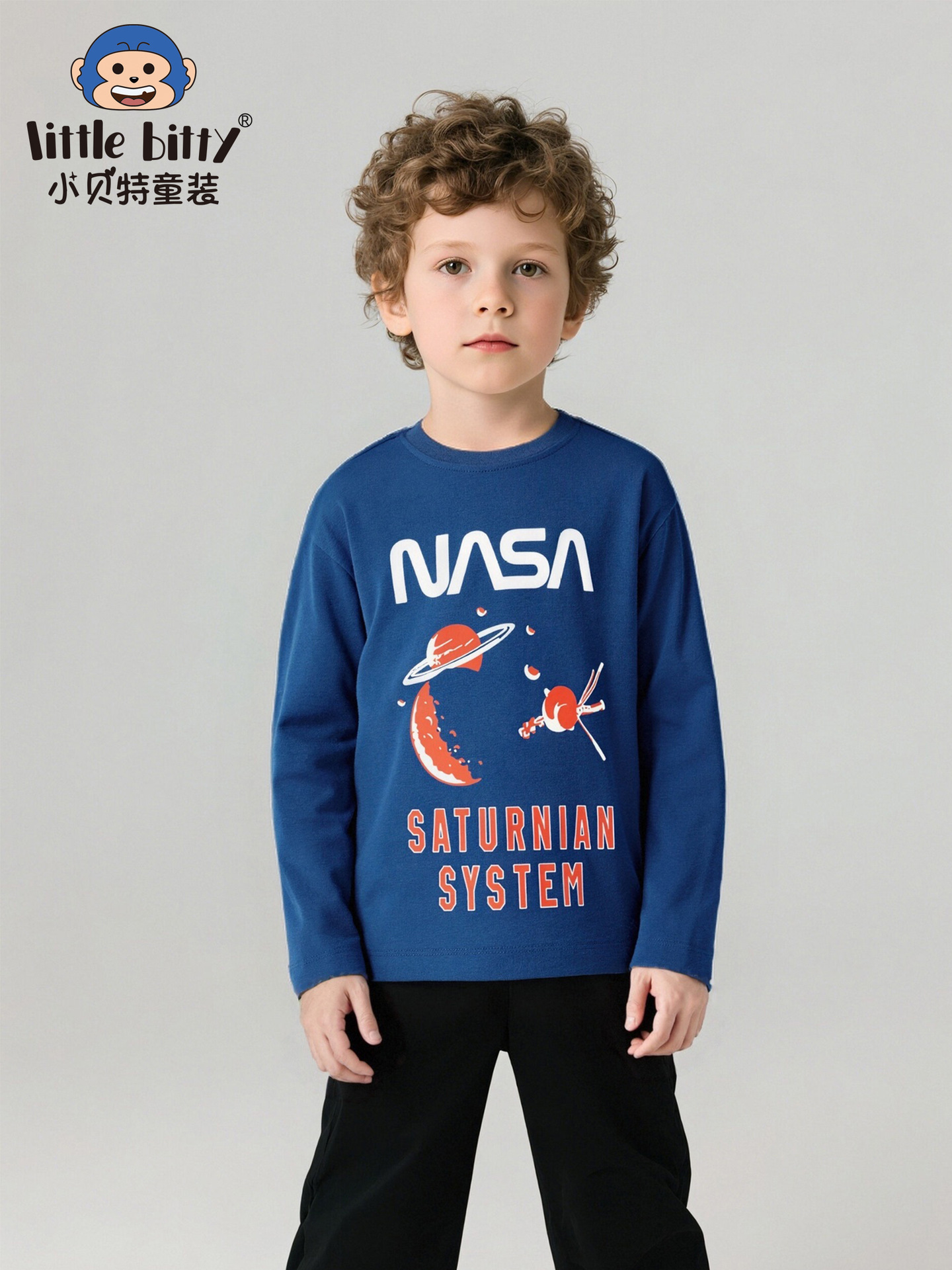European and American 2025 Autumn and Winter Boys' Long-Sleeved T-Shirts Kidsren's Clothing Cartoon Saturn Print Cross-Border Supply Knitwears