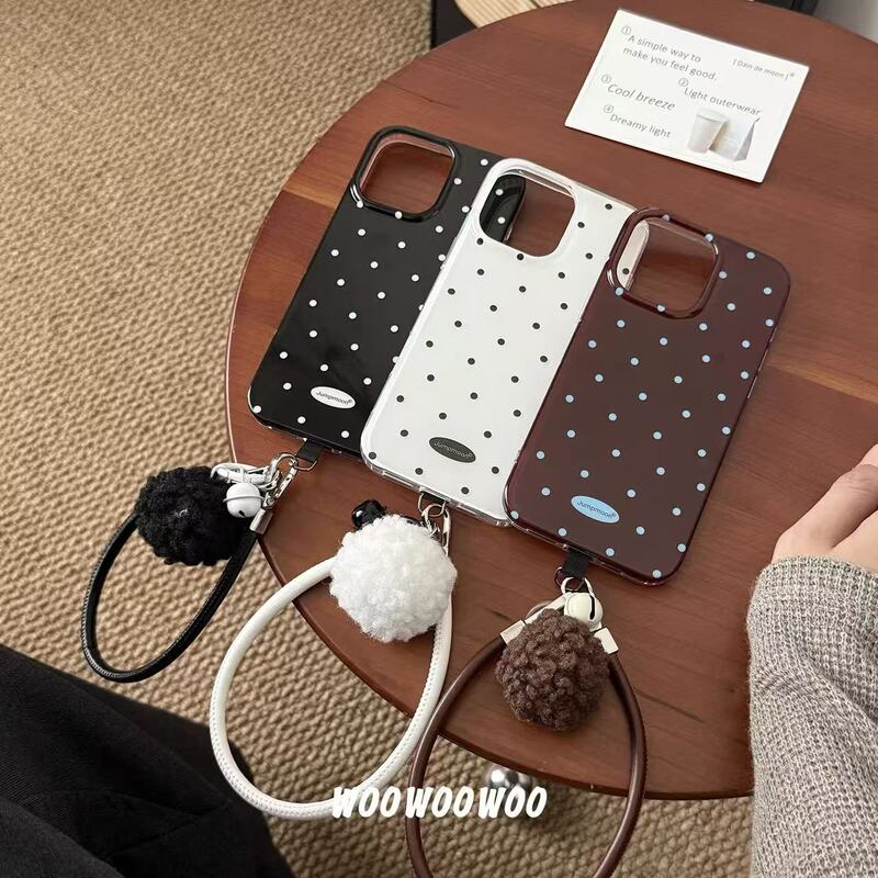Ins Polka Dot Mobile Phone Case Leather Wrist Strap Lanyard Suitable for Iphone16Promax Apple 17 New Model 17Pro15