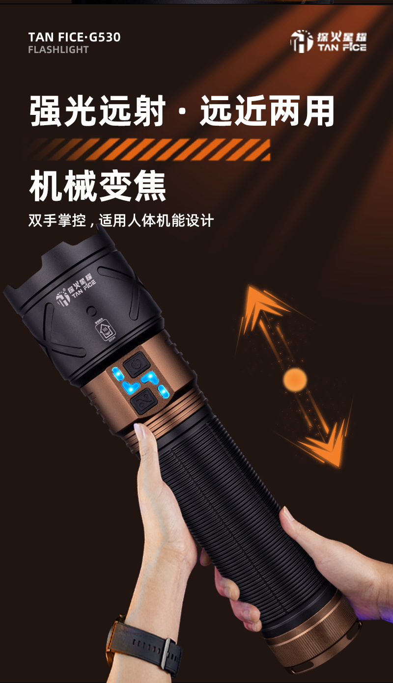 Aluminum alloy flashlight with white laser, long battery life, large lithium battery, telescopic zoom, strong light, suitable for outdoor camping and home use