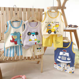 夏季儿童背心套装纯棉男童运动服女童宝宝卡通夏装外穿无袖两件套