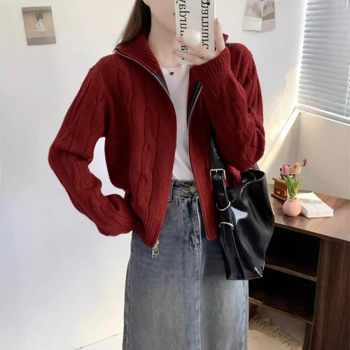Double zipper twist versatile knitted cardigan sweater jacket for women new loose design chic lazy style top