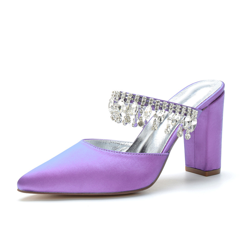 9cm Fashion Purple High Heels Sexy Chunky Heel Women's Single Shoes Shallow Mouth with Rhinestone Flower Satin Large Size Women