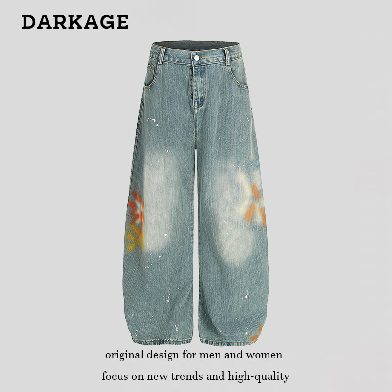 美式复古泼墨涂鸦设计感牛仔裤男女新款街头高腰宽松直筒阔腿长裤