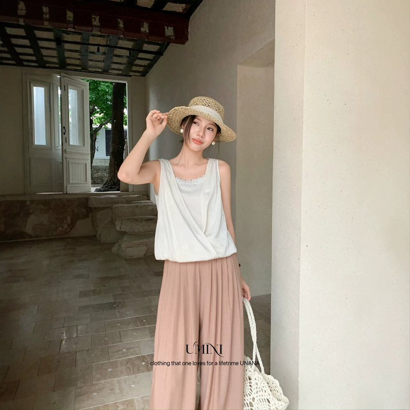 U+Mini Thirteen Lines Unana New Product F5731 Vacation Style Inner Wear Faux Two-Piece Lace Versatile Slimming Vest