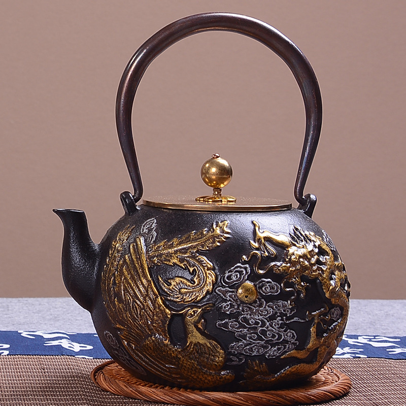 Dianggong Tang Dragon y Phoenix Opera Perla olla de hierro imitación japonesa del Sur antigua olla de hierro tetera sin recubrimiento juego de té de Kung Fu