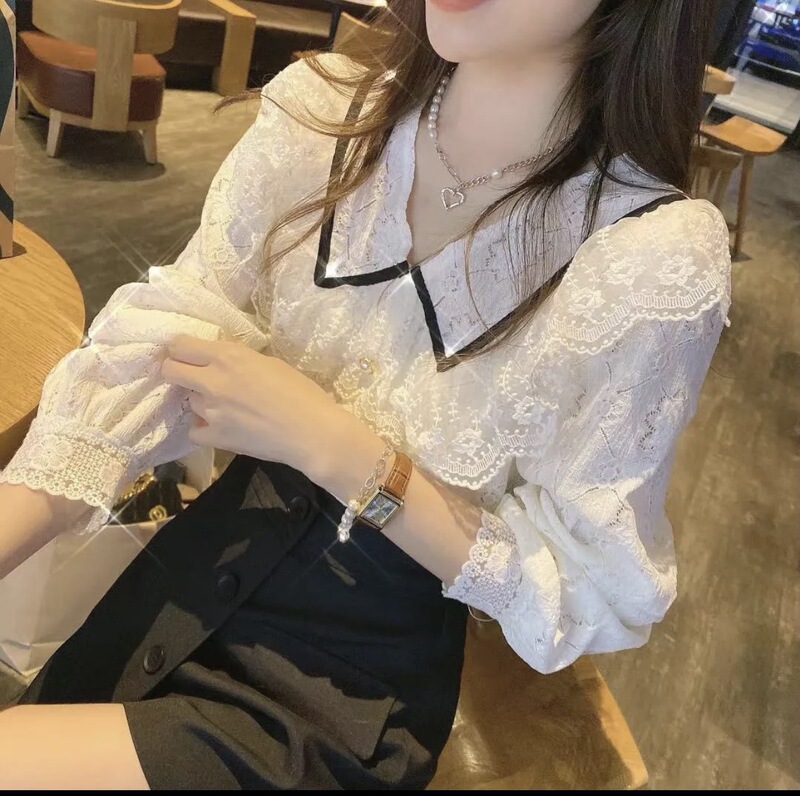 2022 Spring and Autumn Korean Style New Sweet Ruffled Doll Collar White Moonlight Super Fairy Lace Top Elegant Shirt