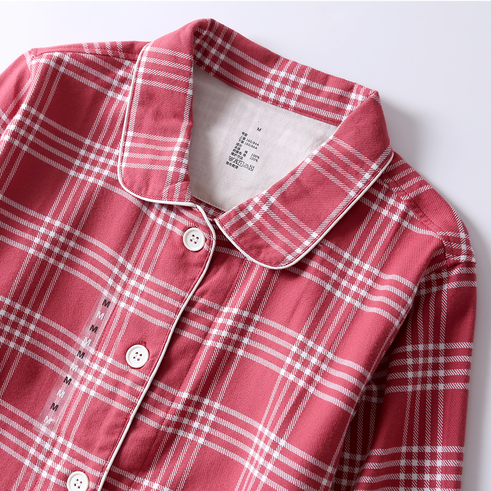 無印フランネルの家庭服の長いタイプの日本風の綿のカップルのパジャマの女性の純綿のスーツの長袖のパジャマ