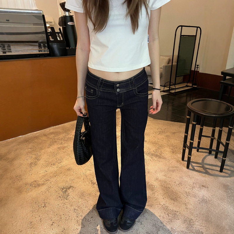 American retro double-waistband non-tight-fitting flared jeans for women, spring and autumn style, niche, slimming, versatile low-waist straight pants American retro double-waistband non-tight-fitting flared jeans for women, spring and autumn style, niche, slimming, versatile low-waist straight pants
