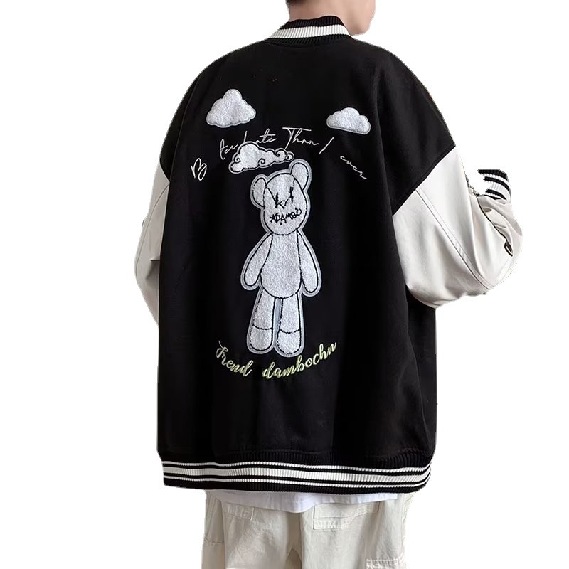 Women's Clothing Autumn leather sleeve stitching baseball jacket men's spring and autumn loose casual trend retro vintage jacket_voghion.com