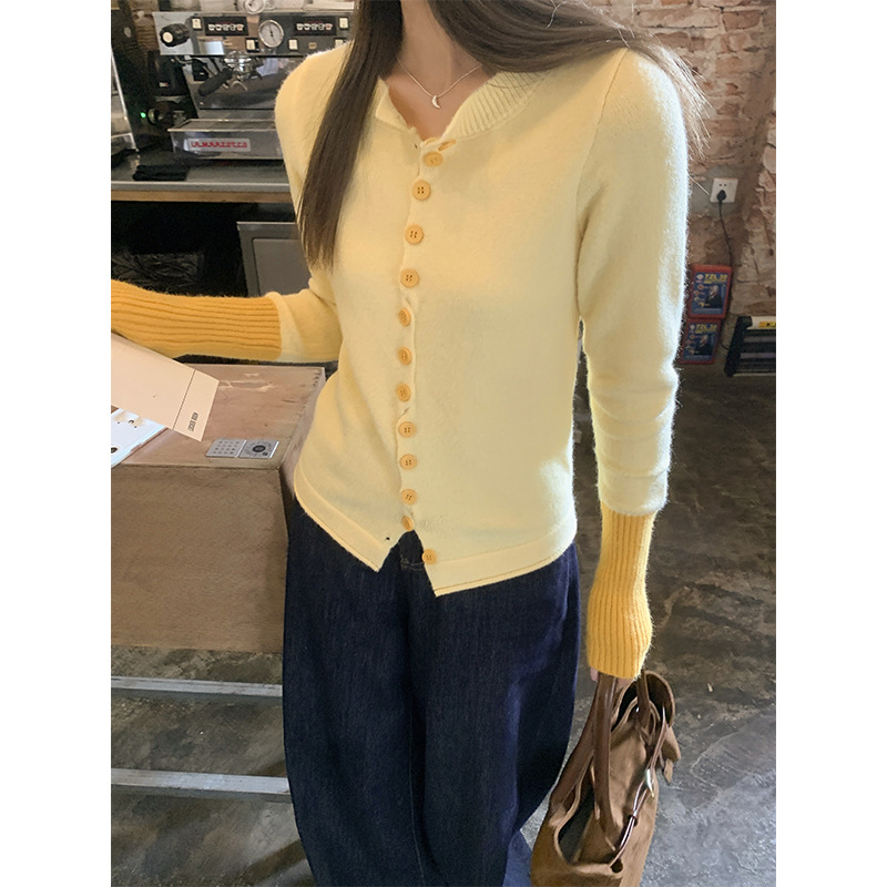 (2개) 실제 샷 거위 노란색 대비 둥근 목 긴 소매 니트 카디건 여성 봄 한국 슬림 핏 얇은 기본 책 스웨터