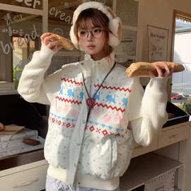 2026甜美印花学院风立领羽绒棉服女冬季保暖加厚棉袄显瘦棉衣外套