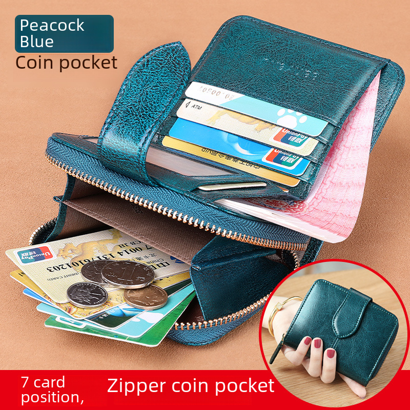 Guangzhou Leather Goods Factory 2024 New Retro Oil Wax Cowhide Short Women's Wallet Genuine Leather Zipper Small Zero Wallet 