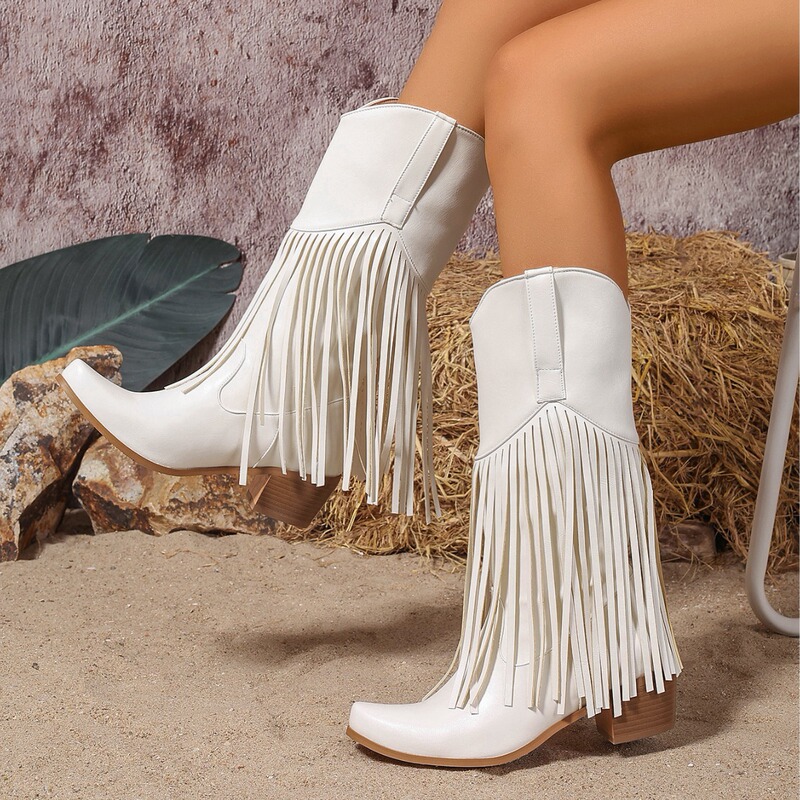 2024 Autumn and Winter Wish Supply Fashion High-Heeled Calf Boots 40-48 Pointed Toe Tassel Boots Solid Color Mid-Calf Boots 2024 Autumn and Winter Wish Supply Fashion High-Heeled Calf Boots 40-48 Pointed Toe Tassel Boots Solid Color Mid-Calf Boots