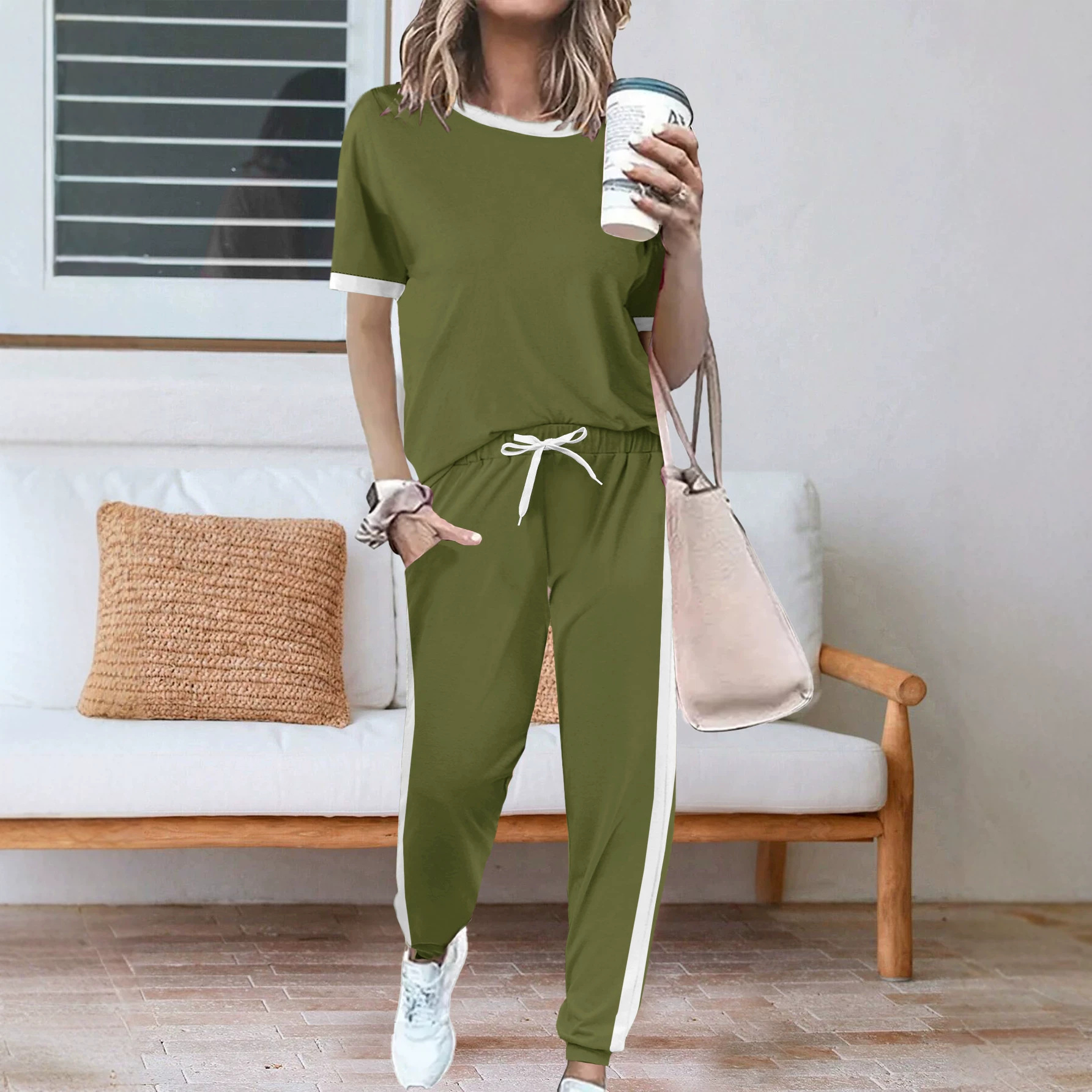 Women's Summer Two Piece Set European American Style round Neck Short Sleeve Top with Trousers_ecoleips.com