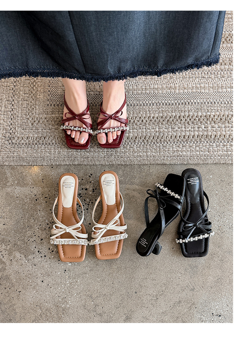 Sandal cao gót nữ mũi vuông đính đá pha lê, quai ngang nơ bướm, gót 9 cm — màu đen, Rượu vang đỏ, màu trắng ngà chi tiết 27