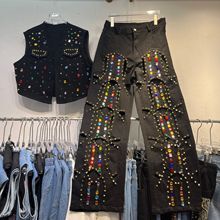欧洲站2025秋季新款重工彩色水钻铆钉牛仔马甲 + 阔腿裤两件套装