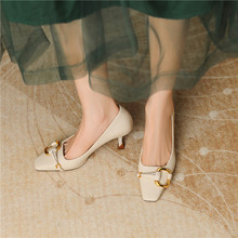 1618-15 仙女羊皮法式高跟鞋女方头细跟2023新款舒适米白色单鞋软
