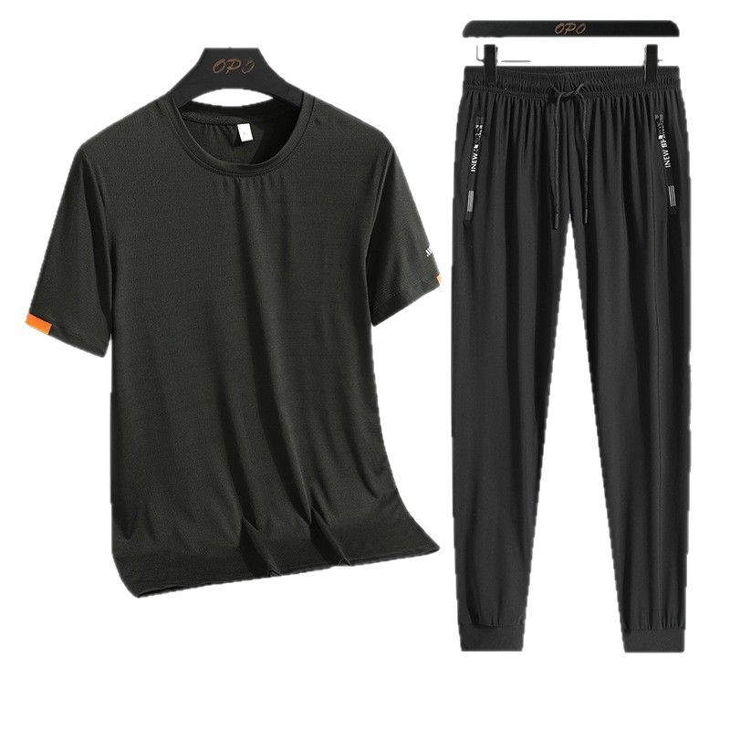 Conjunto casual de verano para hombre, de seda helada, de marca moderna, holgado, talla grande, de secado rápido, camiseta deportiva de dos piezas con pantalones largos.