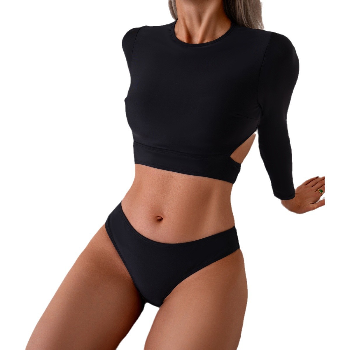Women's High-Waisted Long-Sleeved Bikini Swimsuit Solid Color Two-Piece Competition Briefs_voghion.com