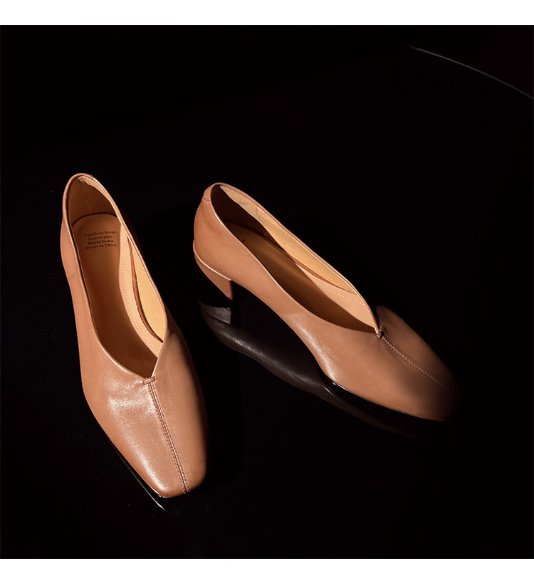Giày nữ da bò gót vuông cổ V mũi nhọn, phong cách bà nội (granny shoes) đế thấp, đi làm hằng ngày — màu nâu chi tiết 21