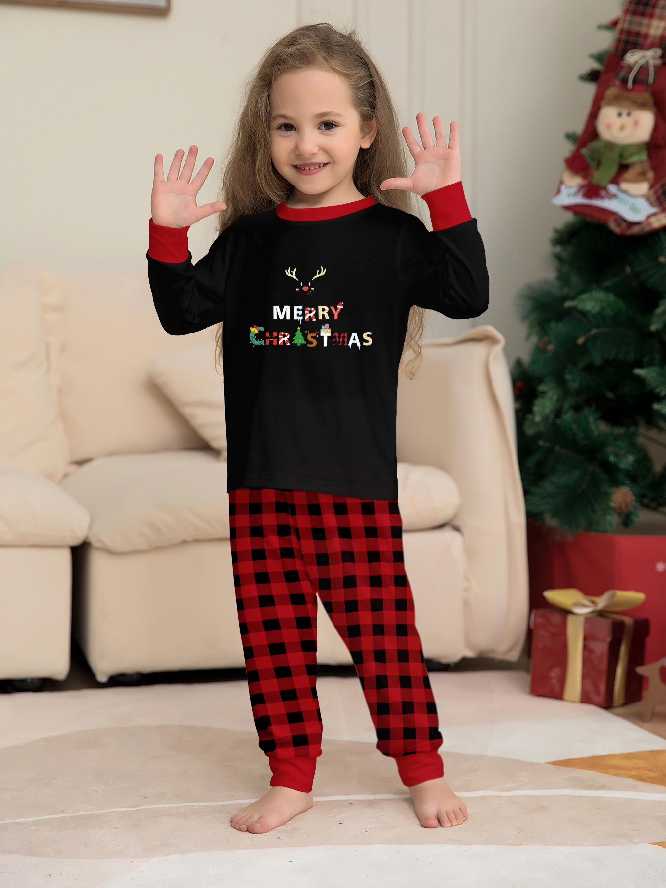 Christmas Christmas deer letter plaid Christmas family print home dress pajamas_voghion.com