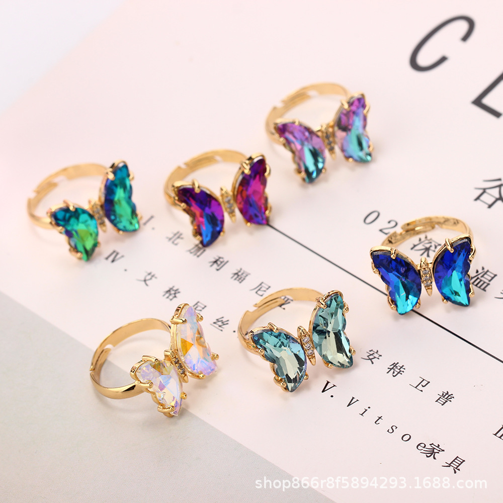 Venta caliente transfronteriza 18K oro real electrochapado circón mariposa anillo ajustable abierto personalidad femenina INS Mori pulsera