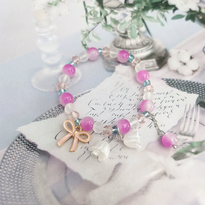 Браслет (Cute Fuchsia) бисерный, цветочный принт с подвеской, лёгкий 22 г