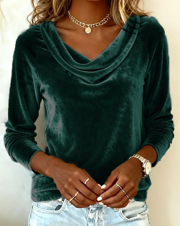 Women's Clothing Velvet Cowl Neck Long Sleeve T-Shirt, Elegant Solid Color Top For Casual And Evening Wear_ecoleips.com