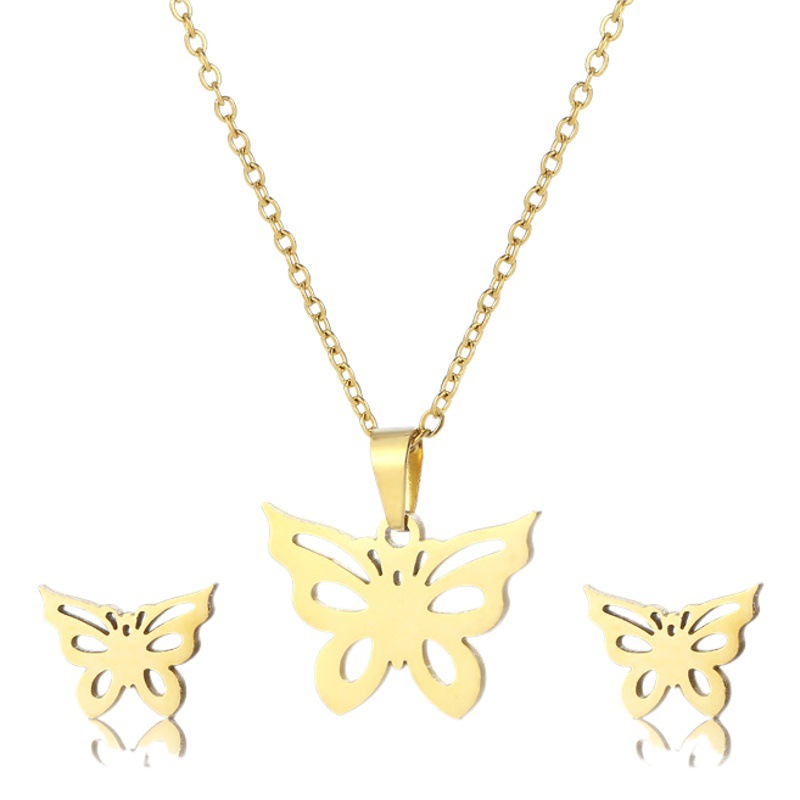 Set de collar y aretes de mariposa, acero inoxidable dorado, tres piezas - Fuente cross-border