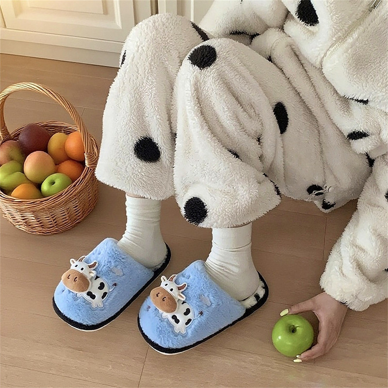 Cute Soft Cow Cotton Slippers for Men and Women Indoor Winter Warm and Comfortable Couple Plush Confinement Shoes Ins