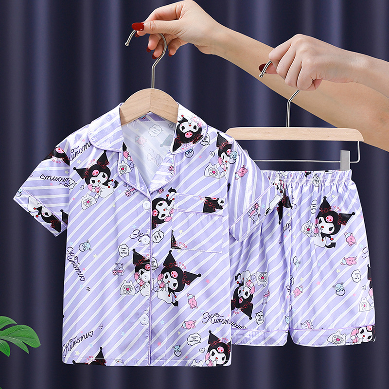 New Short Sleeve Lapel Children's Ice Silk Pajamas Suit Home Clothes Boys Cardigan Short Sleeve Cartoon Girls' Home Clothes