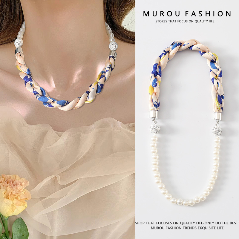 더블 마그네틱 버클 비즈 체인/리프 블루 45cm 길이