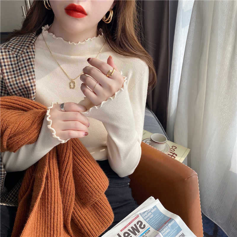 Half-turtleneck bottoming sweater women's autumn and winter new wooden-ear foreign-style inner slim-fit sweater tight-fitting mid-collar top
