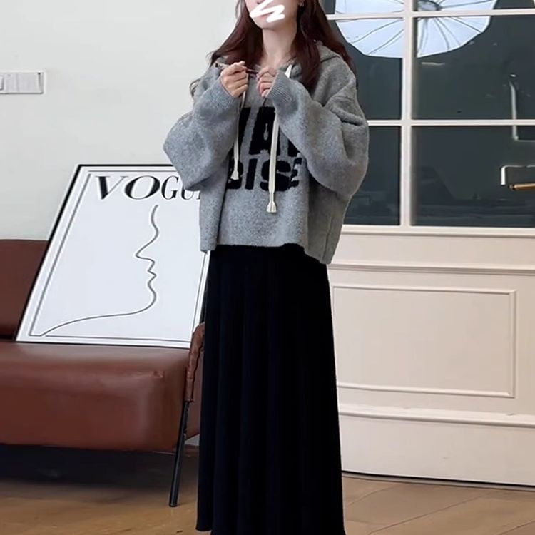 韩系慵懒风灰色字母连帽毛衣外套女春秋新款宽松小个子针织衫卫衣|undefined
