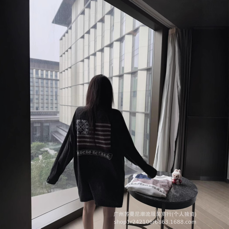 25Ss New Ch Crow Snowflake Cotton Long-Sleeved Summer Thin Loose Lazy Back Printed T-Shirt Women's Round Neck