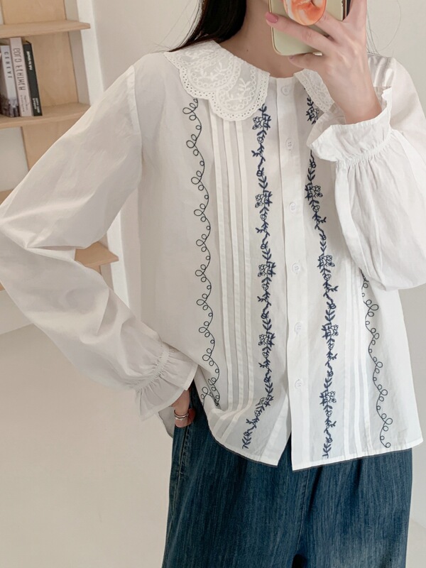 9710 French Pastoral Style Doll Collar Embroidered White Shirt for Women, Long-Sleeved, Age-Reducing White Top, Doll Shirt 9710 French Pastoral Style Doll Collar Embroidered White Shirt for Women, Long-Sleeved, Age-Reducing White Top, Doll Shirt