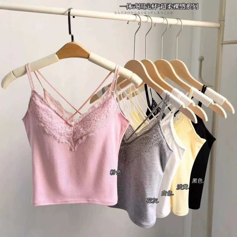 2025 летний новый стиль Pure Desire Hot Girl Collar Lace Splicing Shoulders Beautiful Back Light Luxurious Slim Fit Versatile Bottoming Clothes Suspenders