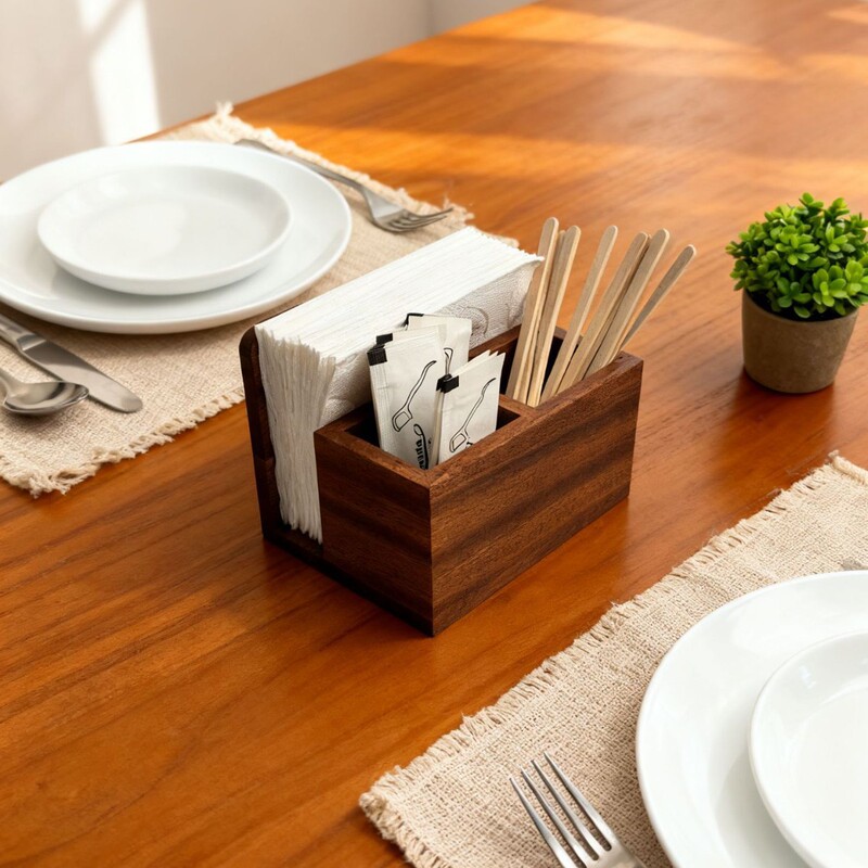 Ebony Western Restaurant Paper Towel Holder Knife, Fork and Spoon Storage Box Combination Cutlery Box Commercial Solid Wood Napkin Holder