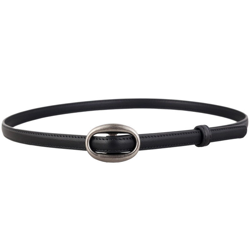 2025 New Genuine Leather Oval Buckle Slim Belt Decorative High-End Vintage Waist Belt For Jeans Women Ready Stock Wholesale - Thumbnail 5