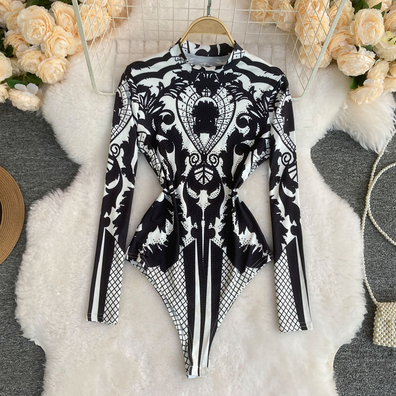 European and American Printed One-piece Top Sexy Slim-fit Stand Collar Base Jumpsuit for Women