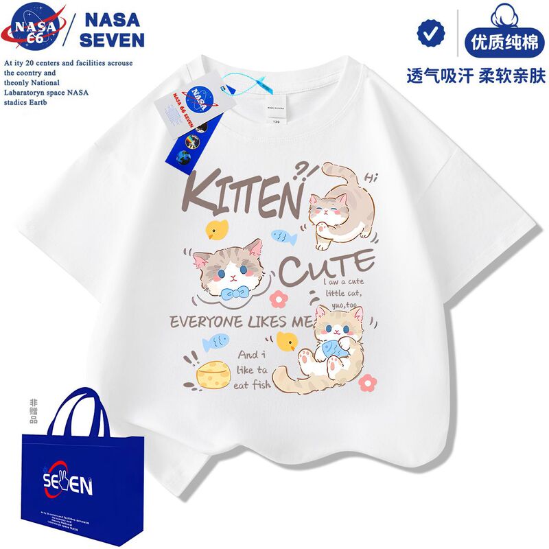 NASA 共同ブランド子供用純綿 Tシャツ夏の新しい漫画猫半袖女の子かわいいドーパミントップス|undefined