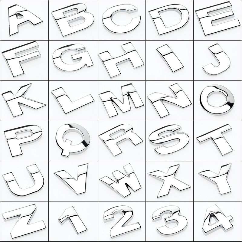 2.5CM etiquetas digitales inglesas etiquetas personales de automóviles etiquetas de letras traseras etiquetas de letras traseras negras plata