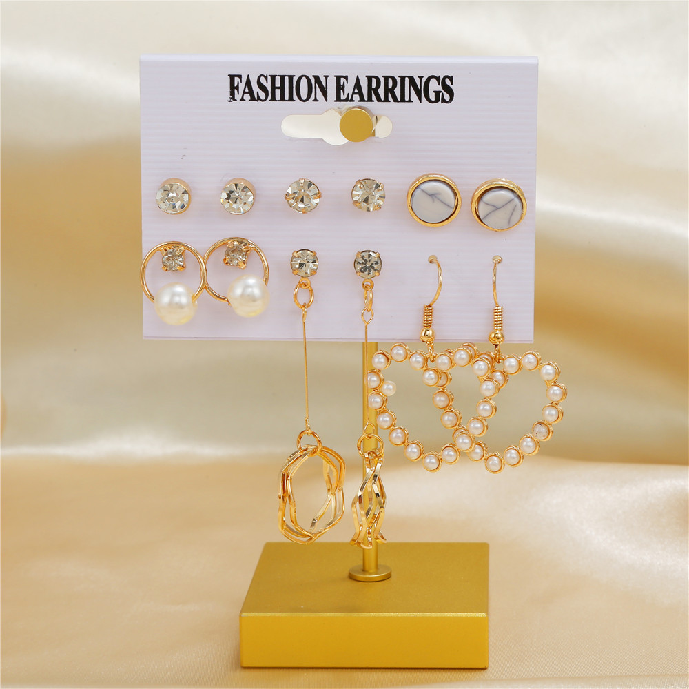 Koreanische Perlenherz Kreis Diamantohrringe 6teiliges Set Grohandel Nihaojewelrypicture7