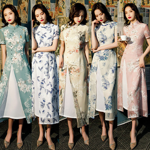 embroidered aodai Qipao Dresses skirt Chiffon embroidered Qipao Dresses